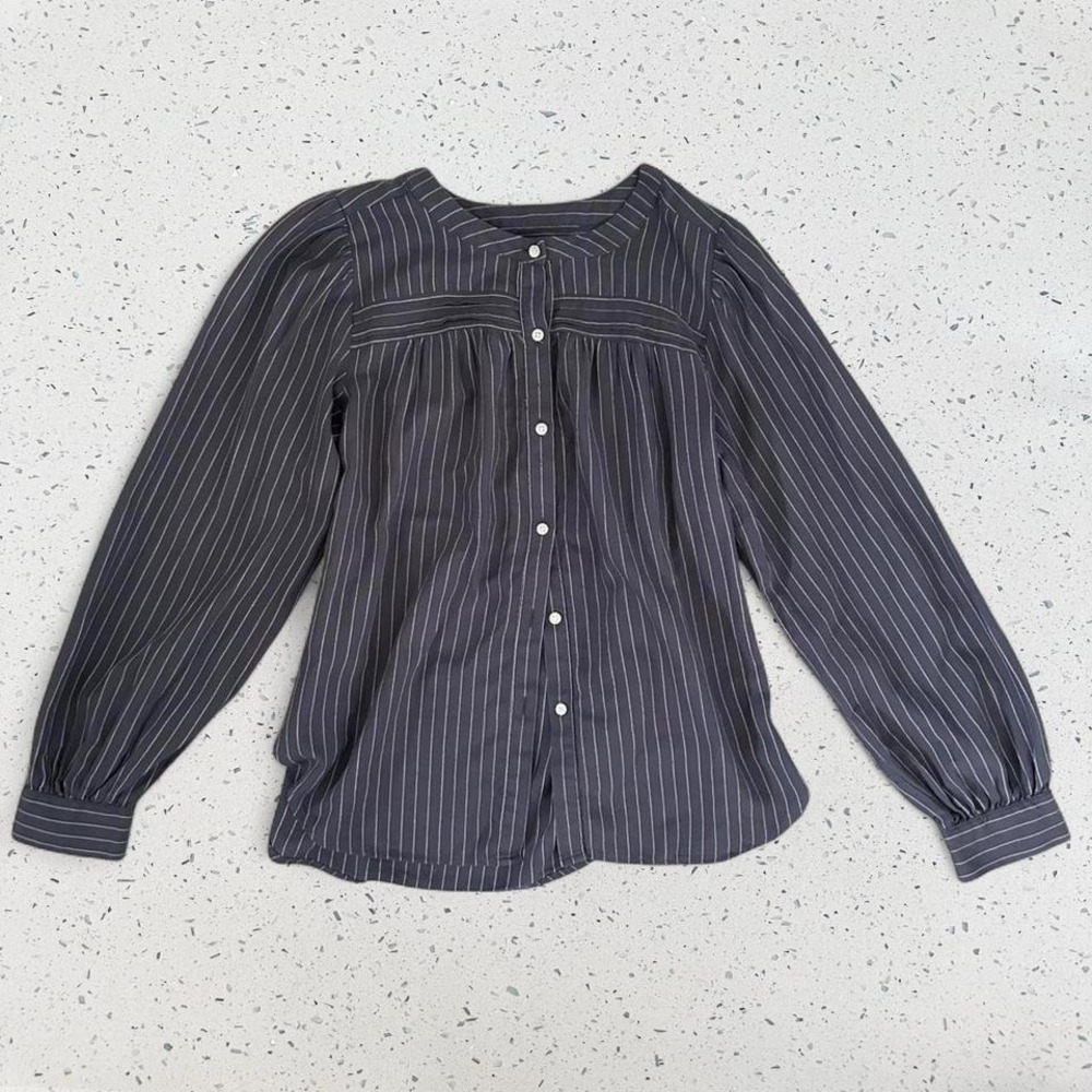 LOFT Womens XS Pinstripe Button Front Blouse Charcoal Grey Long Sleeve Pleated